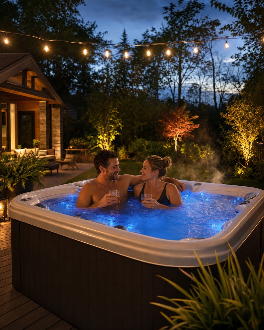 Couple relaxing in an illuminated backyard hot tub at dusk