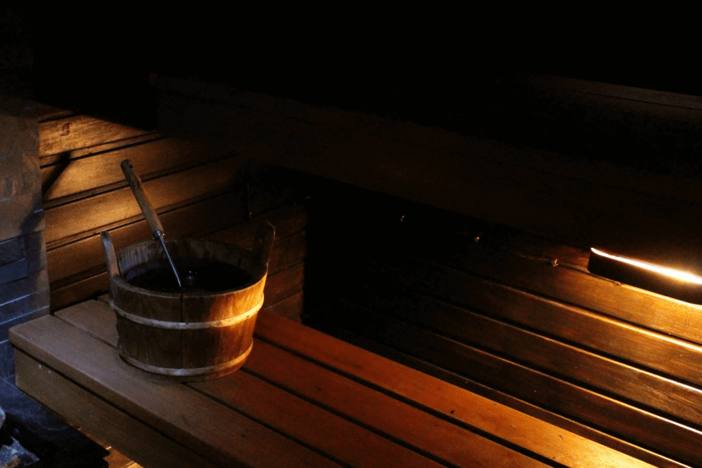 the interior view of a wooden sauna