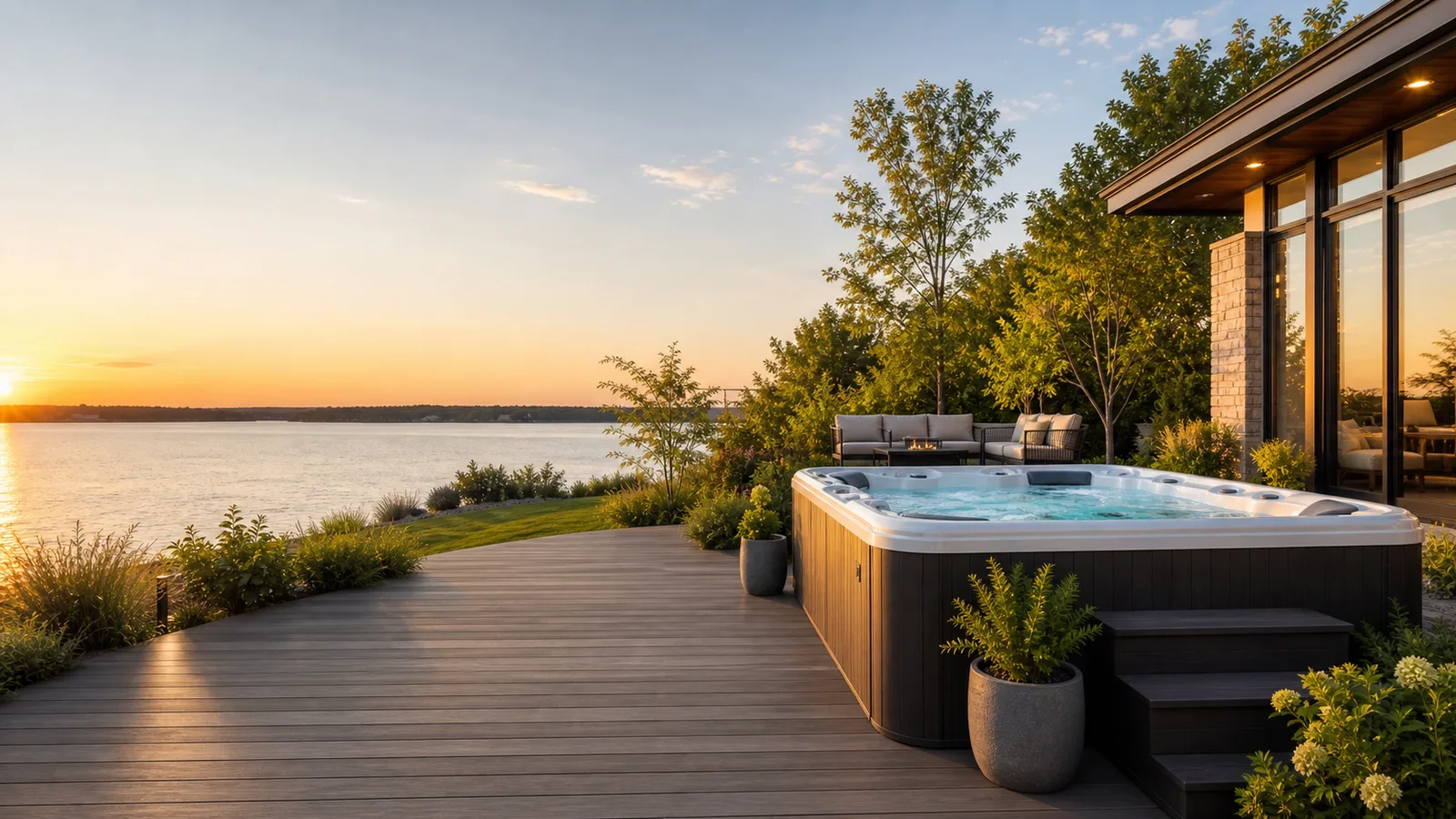 Backyard hot tub at sunset